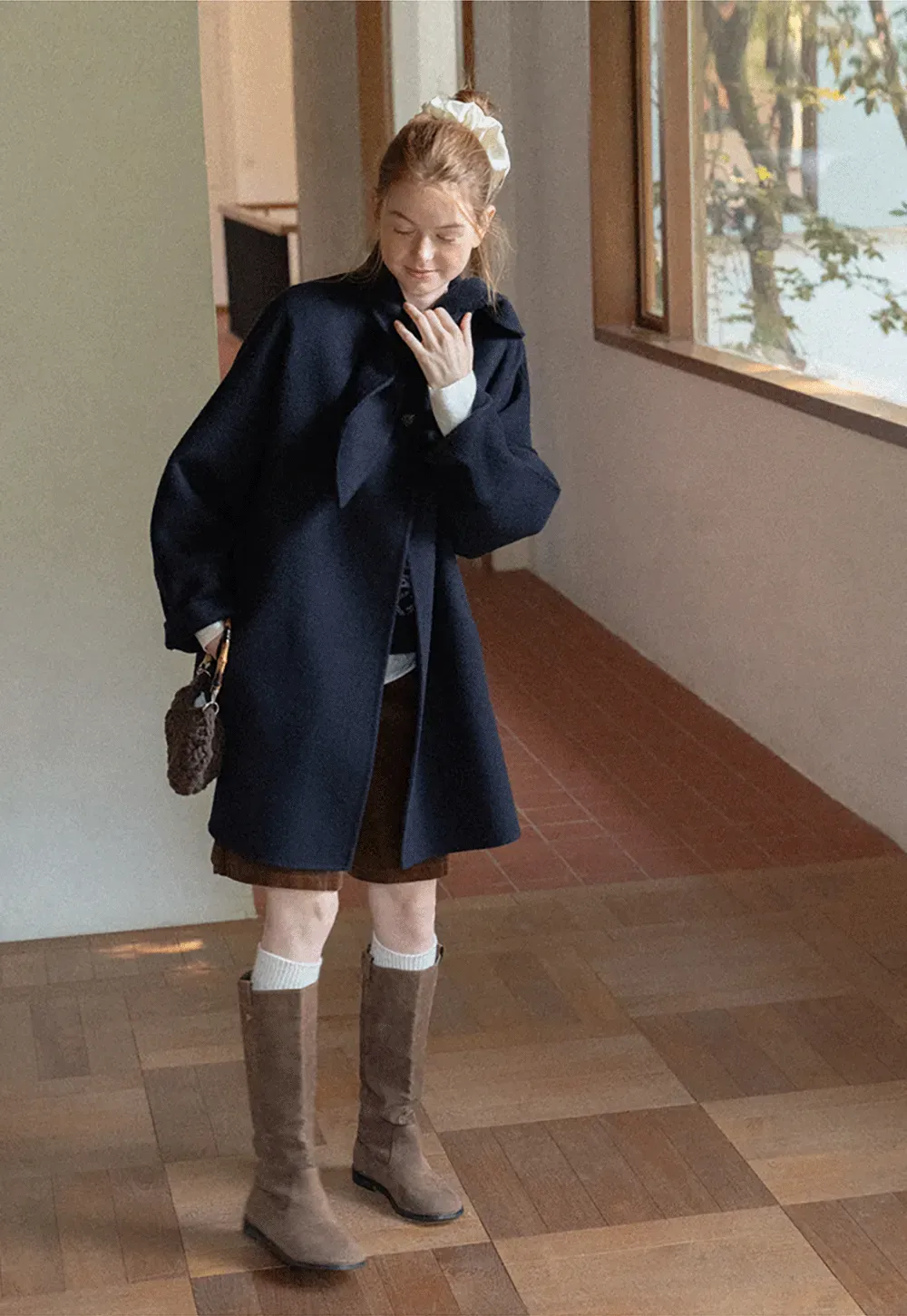 Oversized Coat with Asymmetrical Collar and Wide Sleeve