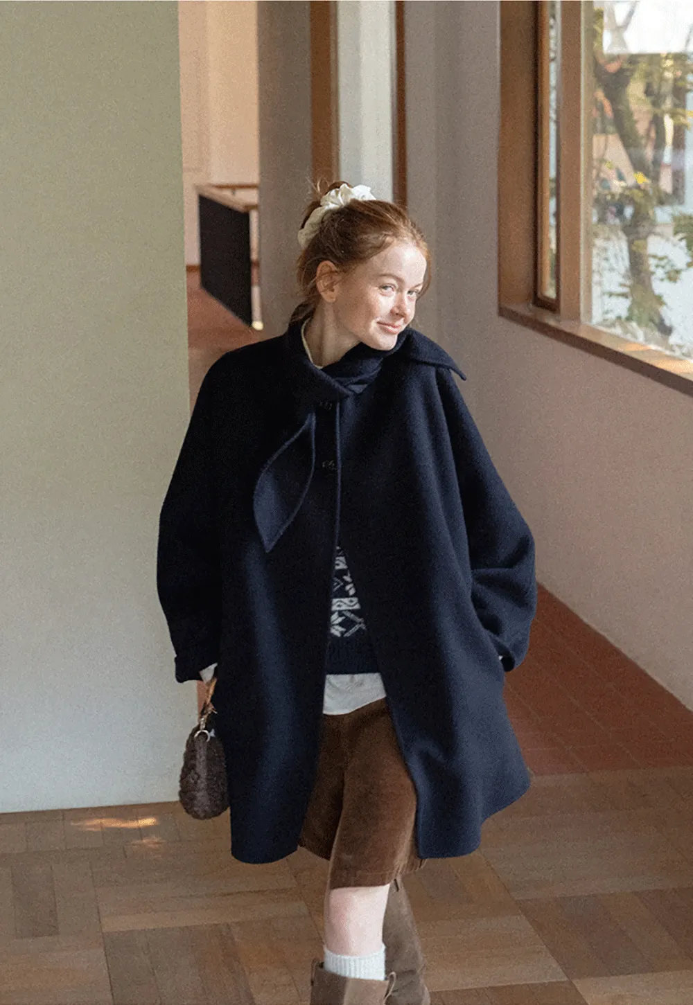 Oversized Coat with Asymmetrical Collar and Wide Sleeve