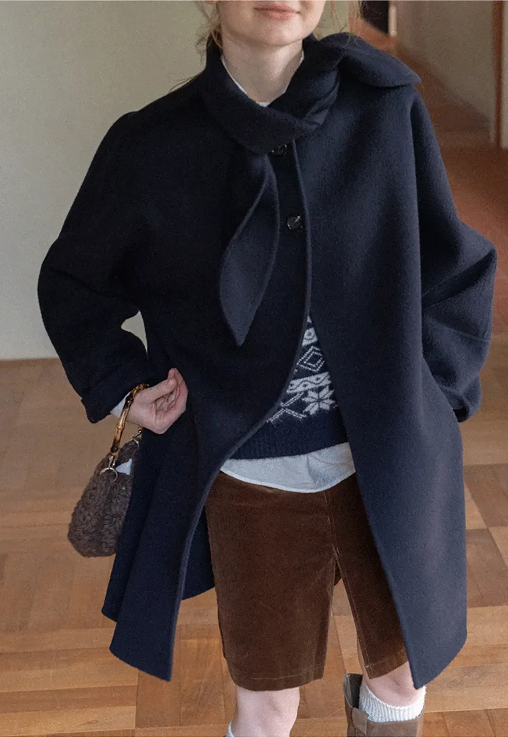 Oversized Coat with Asymmetrical Collar and Wide Sleeve