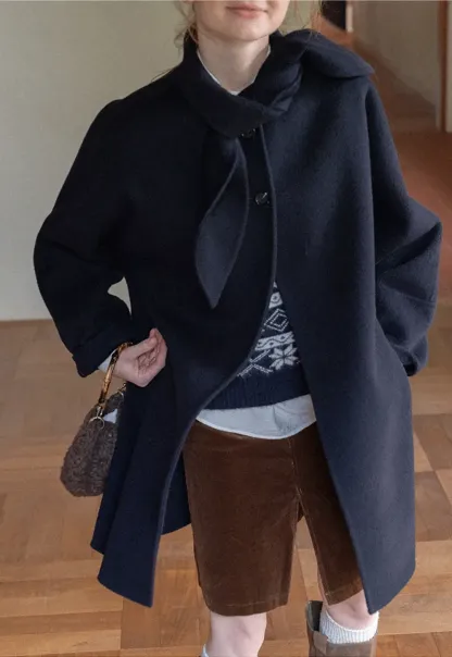 Oversized Coat with Asymmetrical Collar and Wide Sleeve