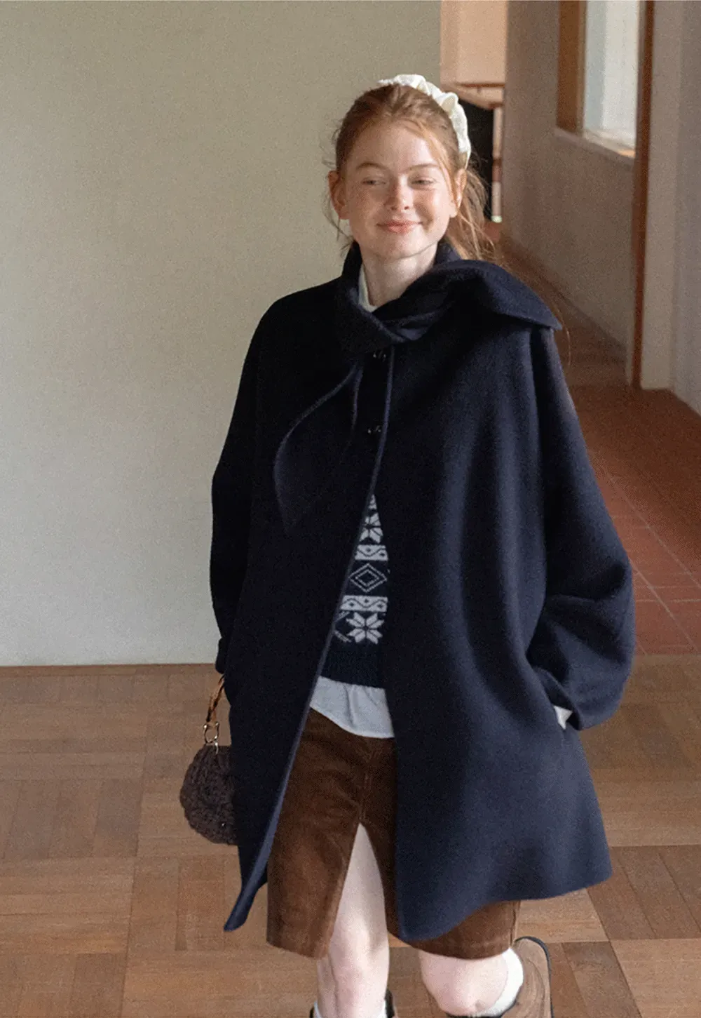 Oversized Coat with Asymmetrical Collar and Wide Sleeve
