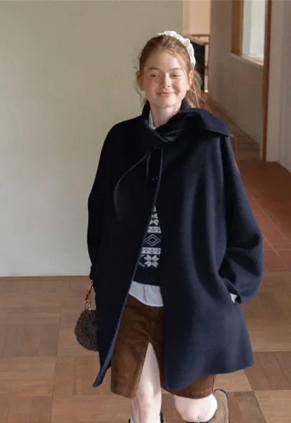Oversized Coat with Asymmetrical Collar and Wide Sleeve