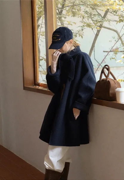 Oversized Coat with Asymmetrical Collar and Wide Sleeve
