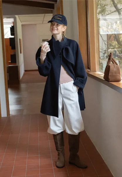 Oversized Coat with Asymmetrical Collar and Wide Sleeve