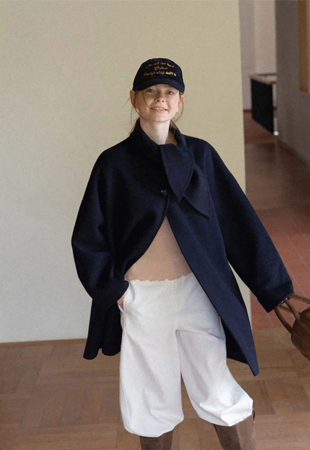 Oversized Coat with Asymmetrical Collar and Wide Sleeve