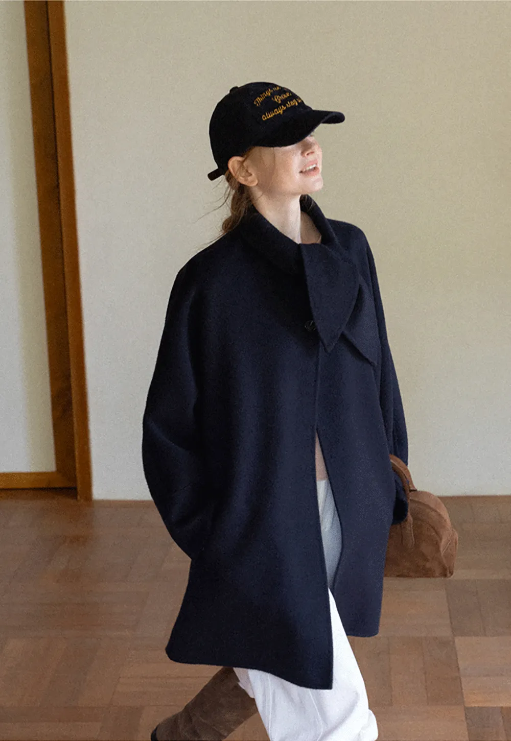 Oversized Coat with Asymmetrical Collar and Wide Sleeve