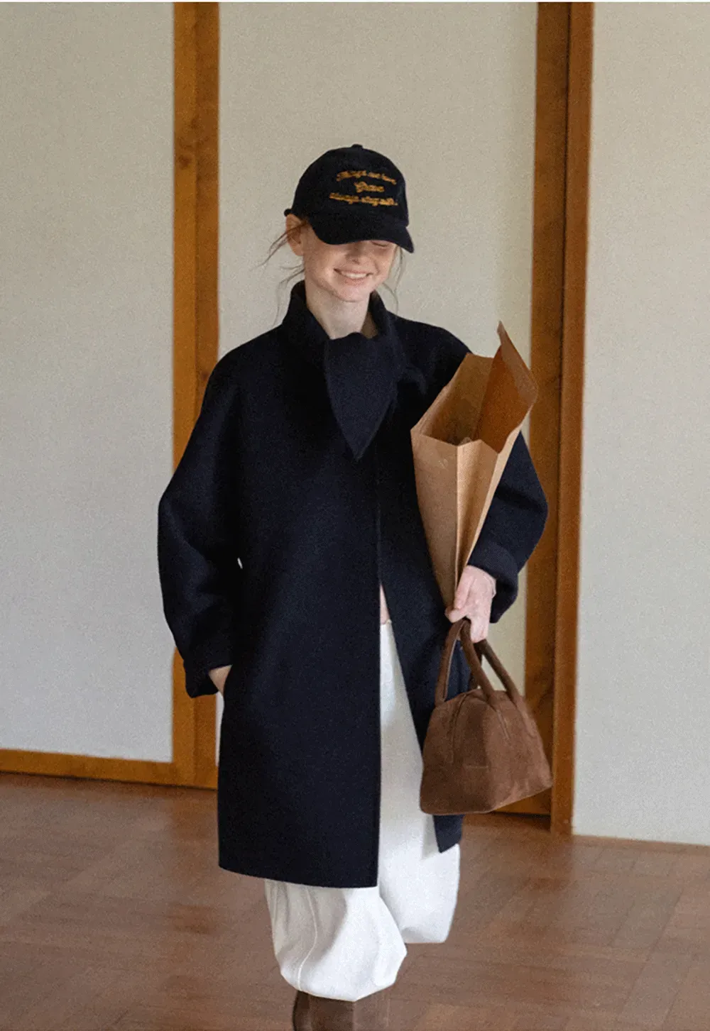 Oversized Coat with Asymmetrical Collar and Wide Sleeve