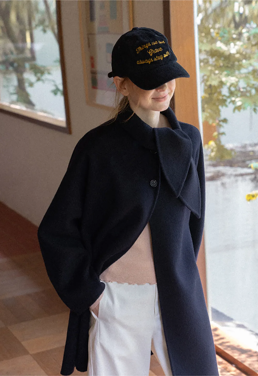 Oversized Coat with Asymmetrical Collar and Wide Sleeve