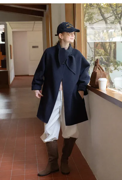 Oversized Coat with Asymmetrical Collar and Wide Sleeve