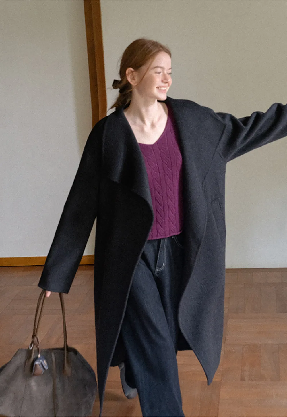 Wrap Style Belted Wool Coat