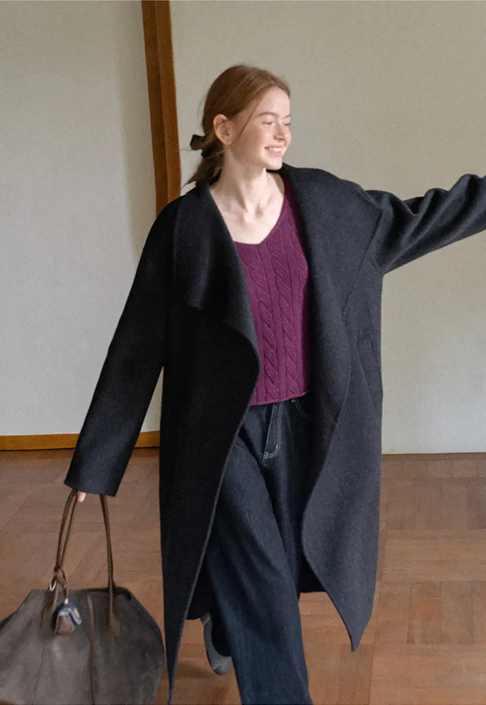 Wrap Style Belted Wool Coat