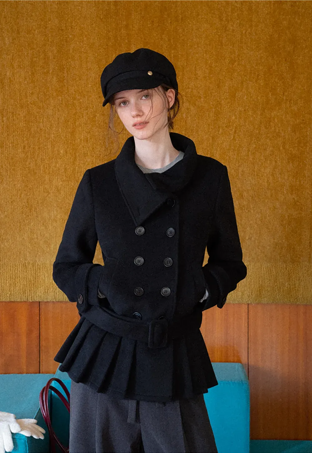 Peplum Hem Double Breasted Wool Coat