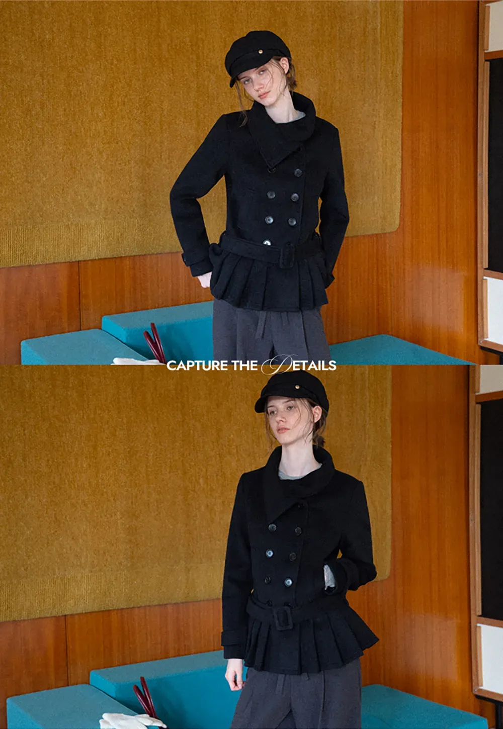 Peplum Hem Double Breasted Wool Coat