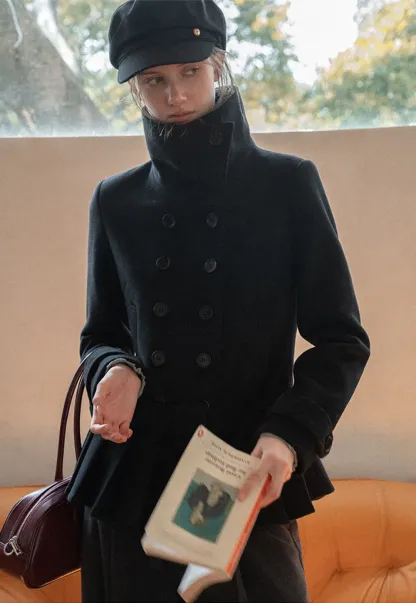 Peplum Hem Double Breasted Wool Coat