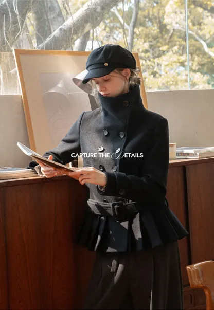 Peplum Hem Double Breasted Wool Coat