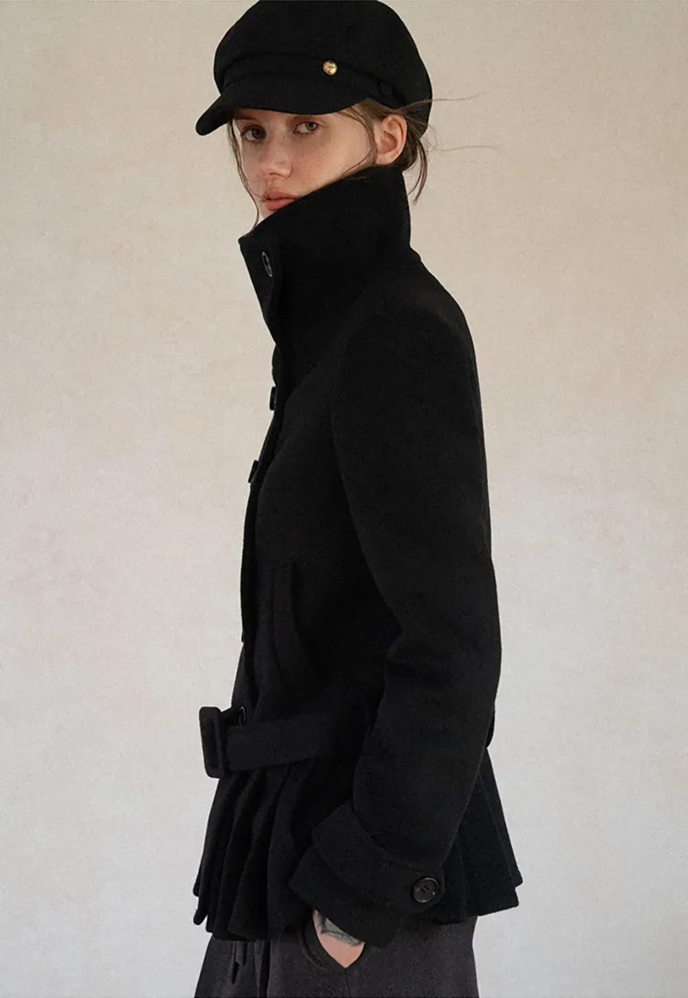 Peplum Hem Double Breasted Wool Coat
