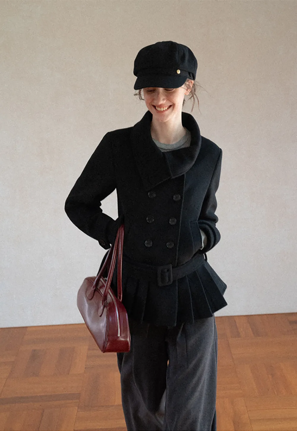 Peplum Hem Double Breasted Wool Coat