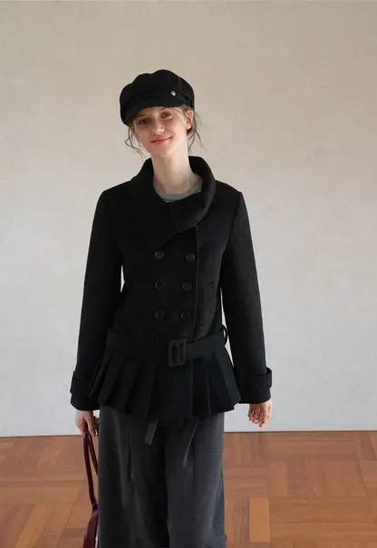 Peplum Hem Double Breasted Wool Coat