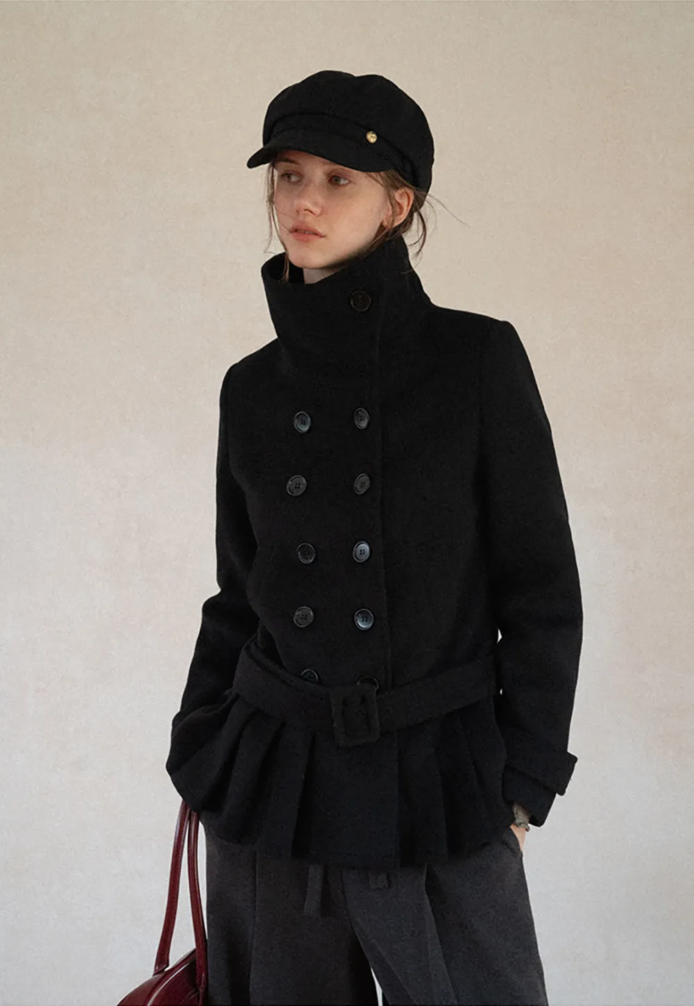 Peplum Hem Double Breasted Wool Coat