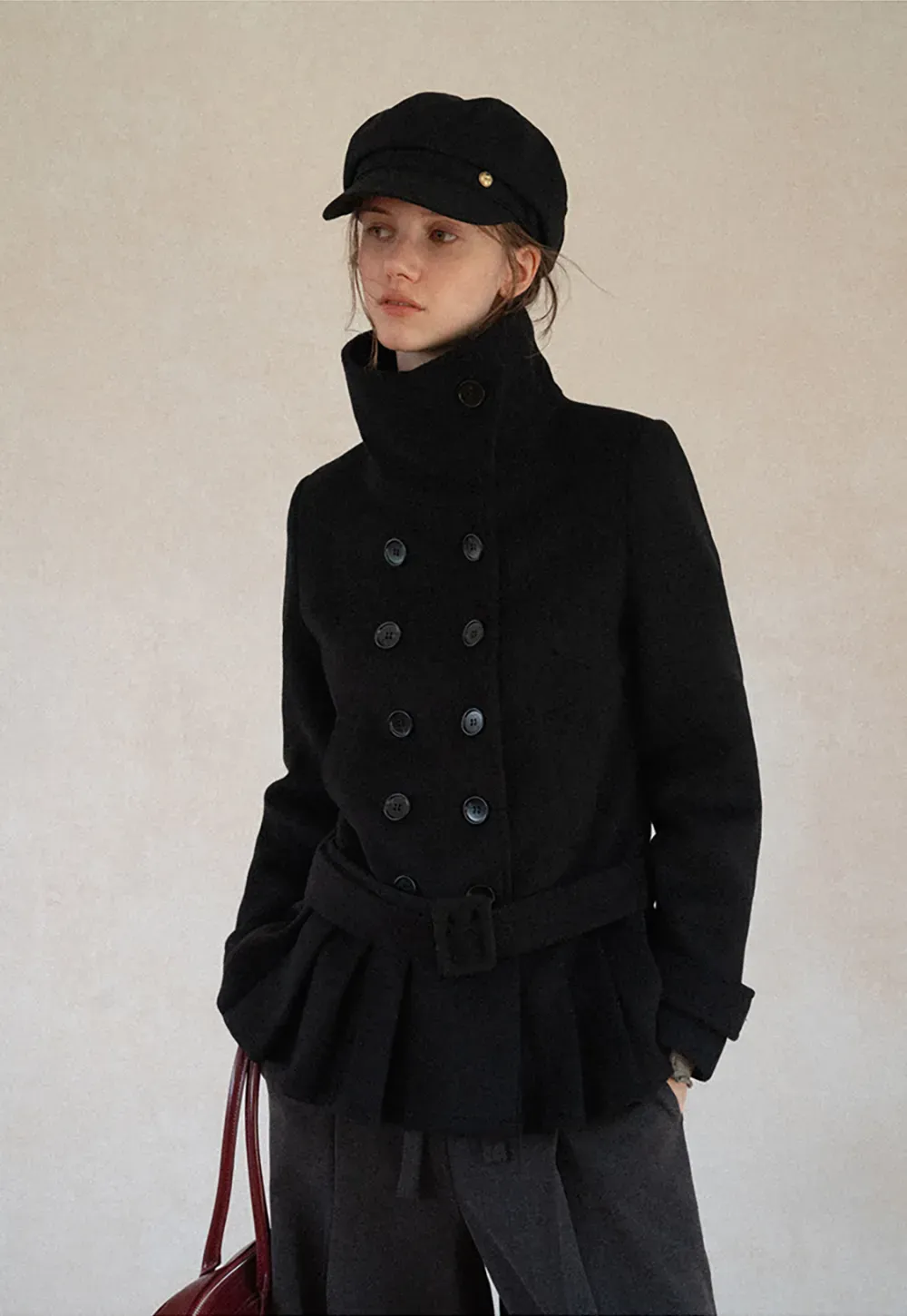 Peplum Hem Double Breasted Wool Coat
