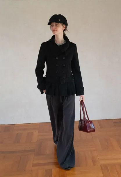 Peplum Hem Double Breasted Wool Coat