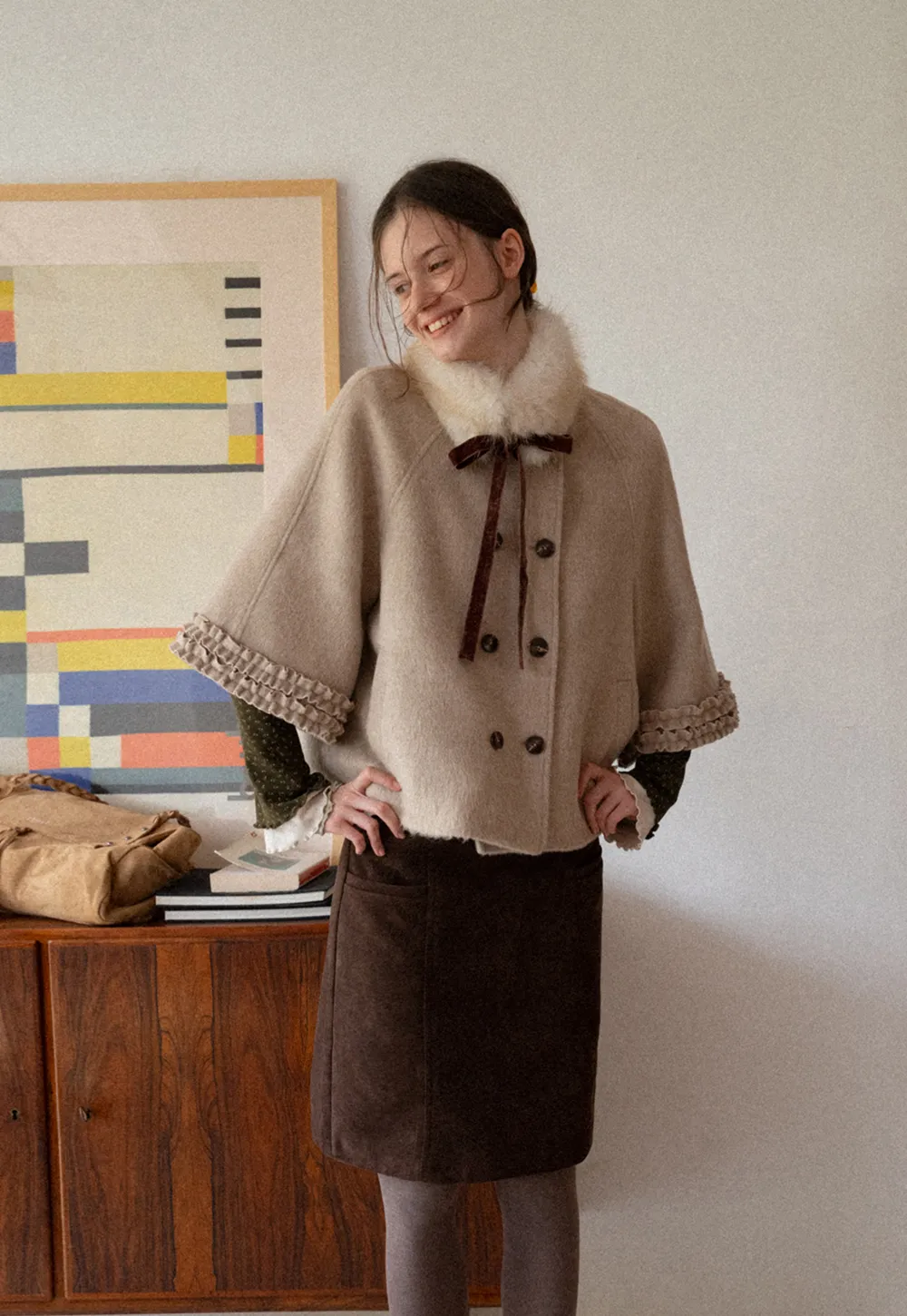 Faux Fur Collar Bow Tie Button Front Wool Coat