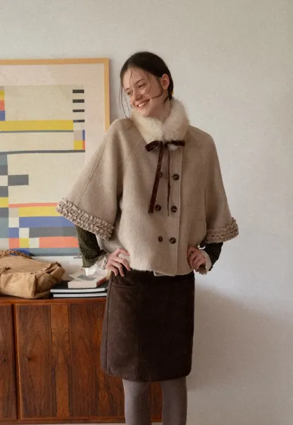 Faux Fur Collar Bow Tie Button Front Wool Coat