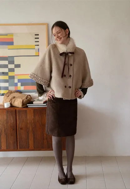 Faux Fur Collar Bow Tie Button Front Wool Coat