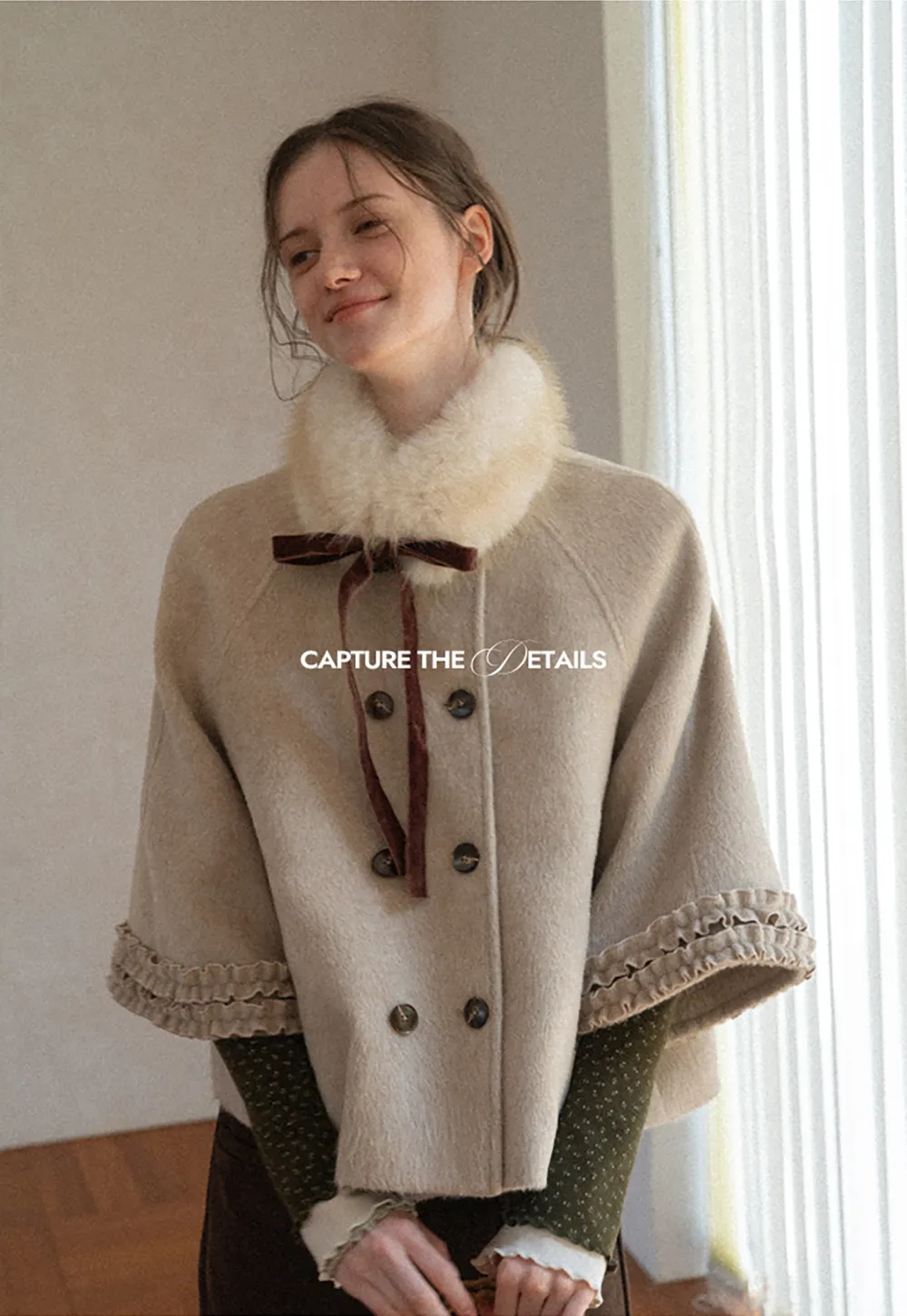Faux Fur Collar Bow Tie Button Front Wool Coat