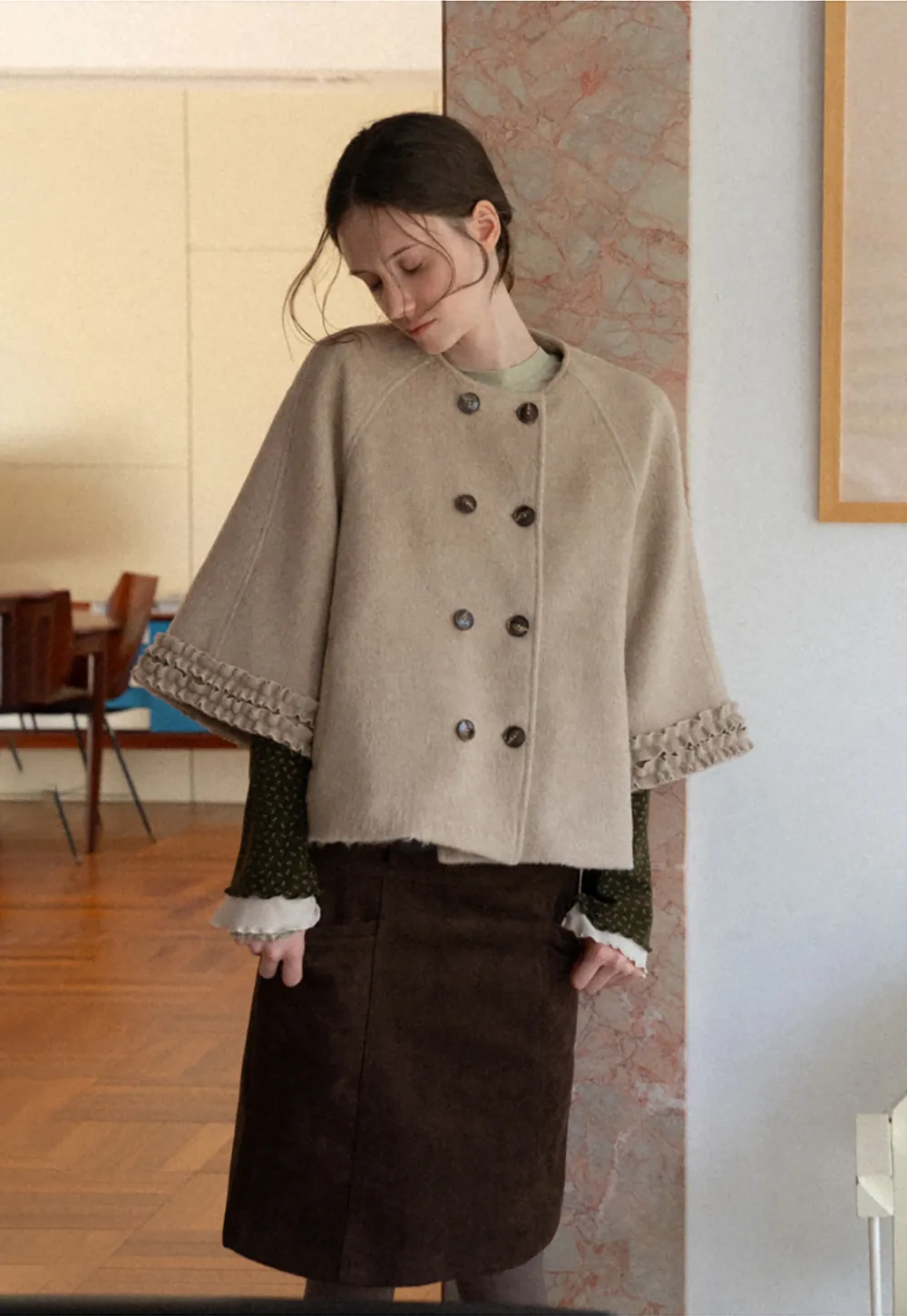 Faux Fur Collar Bow Tie Button Front Wool Coat