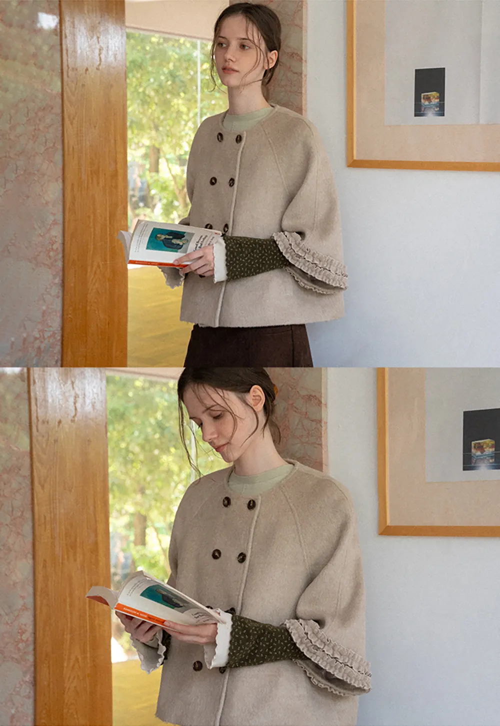 Faux Fur Collar Bow Tie Button Front Wool Coat