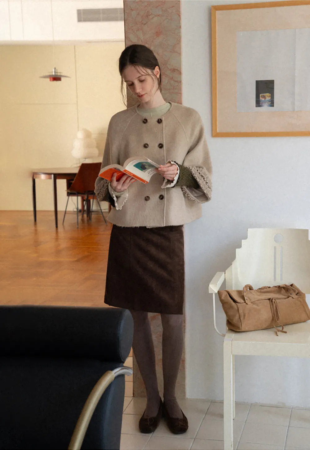 Faux Fur Collar Bow Tie Button Front Wool Coat