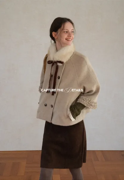 Faux Fur Collar Bow Tie Button Front Wool Coat