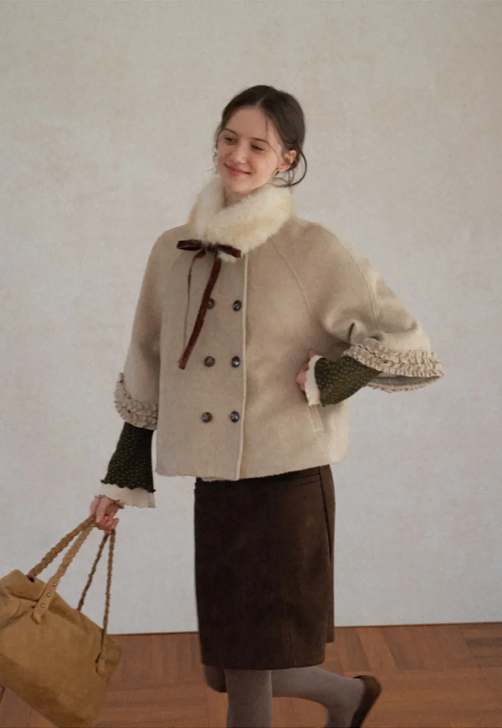 Faux Fur Collar Bow Tie Button Front Wool Coat