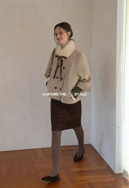 Faux Fur Collar Bow Tie Button Front Wool Coat