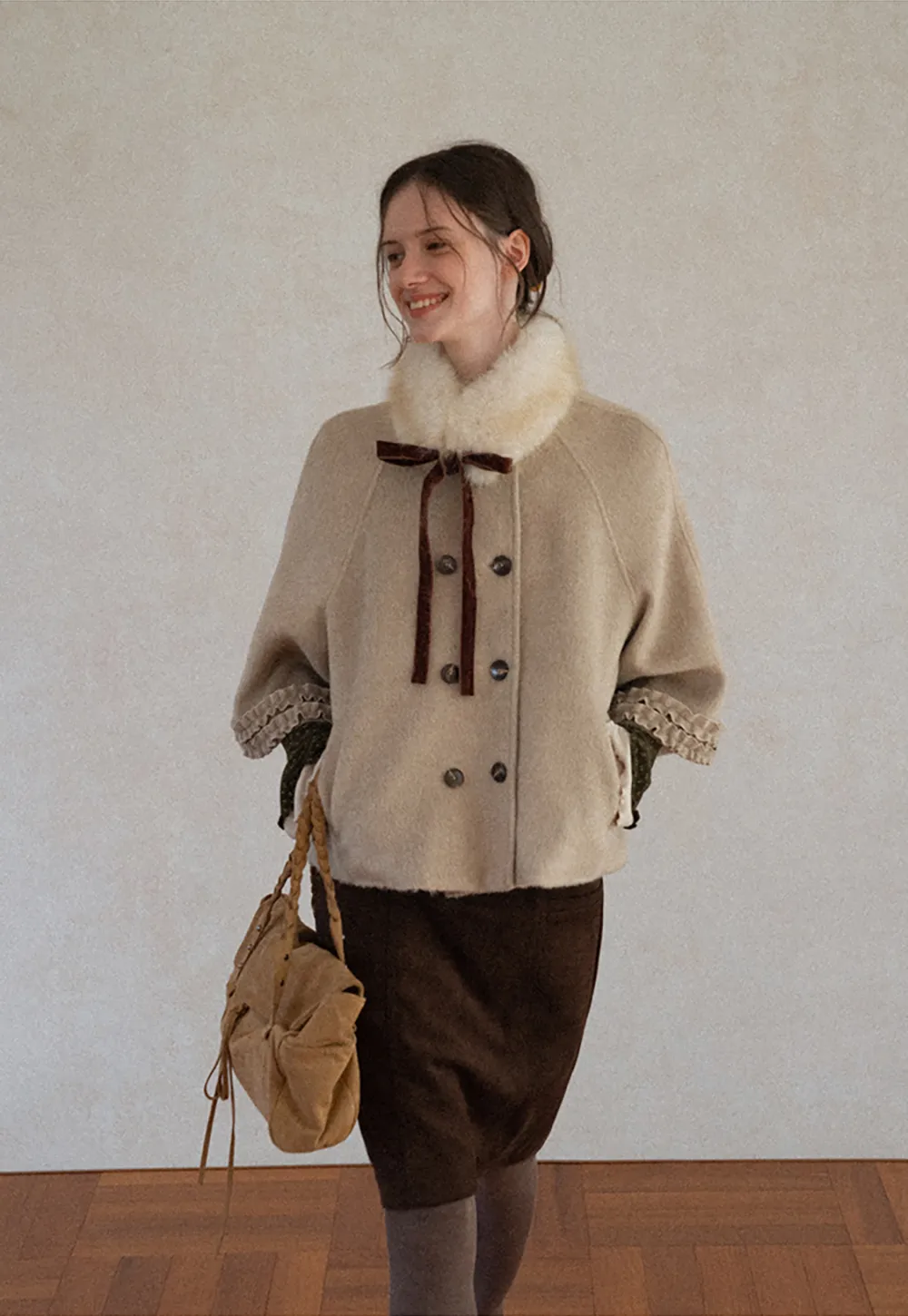Faux Fur Collar Bow Tie Button Front Wool Coat