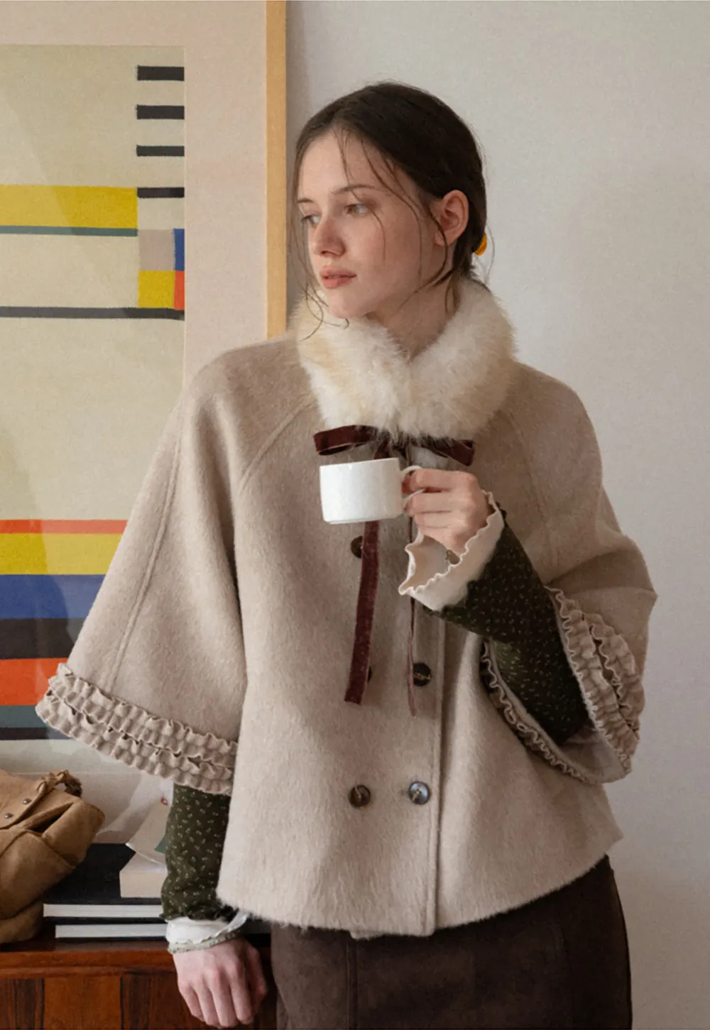 Faux Fur Collar Bow Tie Button Front Wool Coat