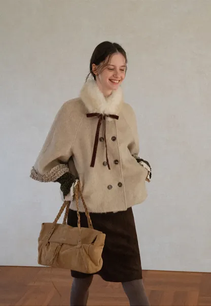 Faux Fur Collar Bow Tie Button Front Wool Coat