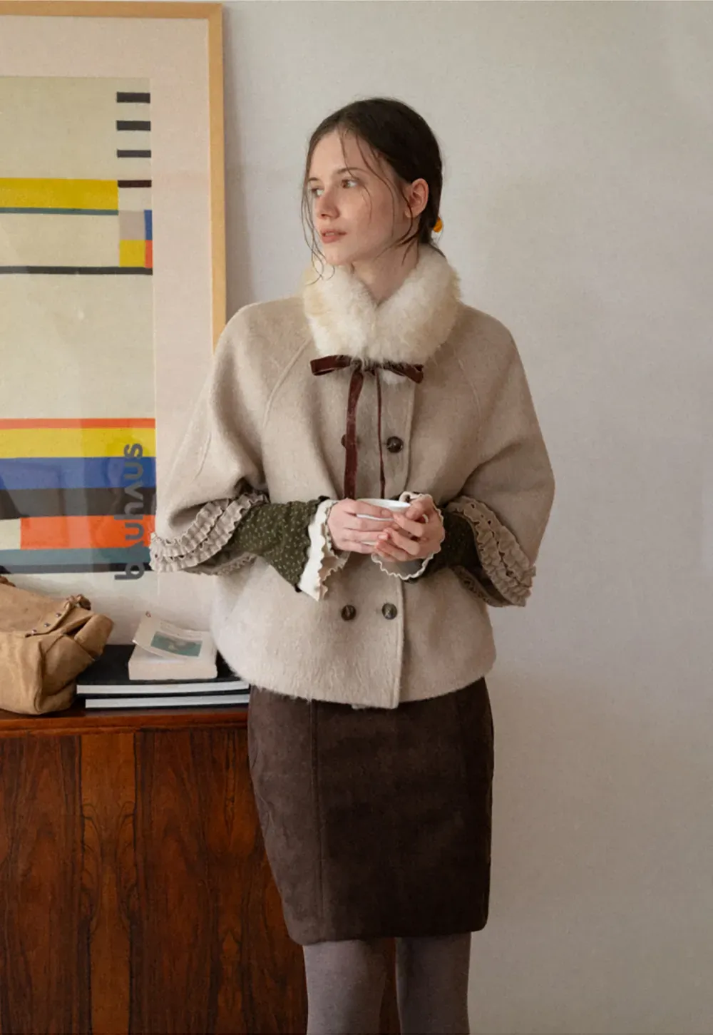 Faux Fur Collar Bow Tie Button Front Wool Coat