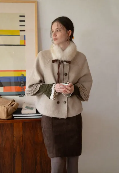 Faux Fur Collar Bow Tie Button Front Wool Coat