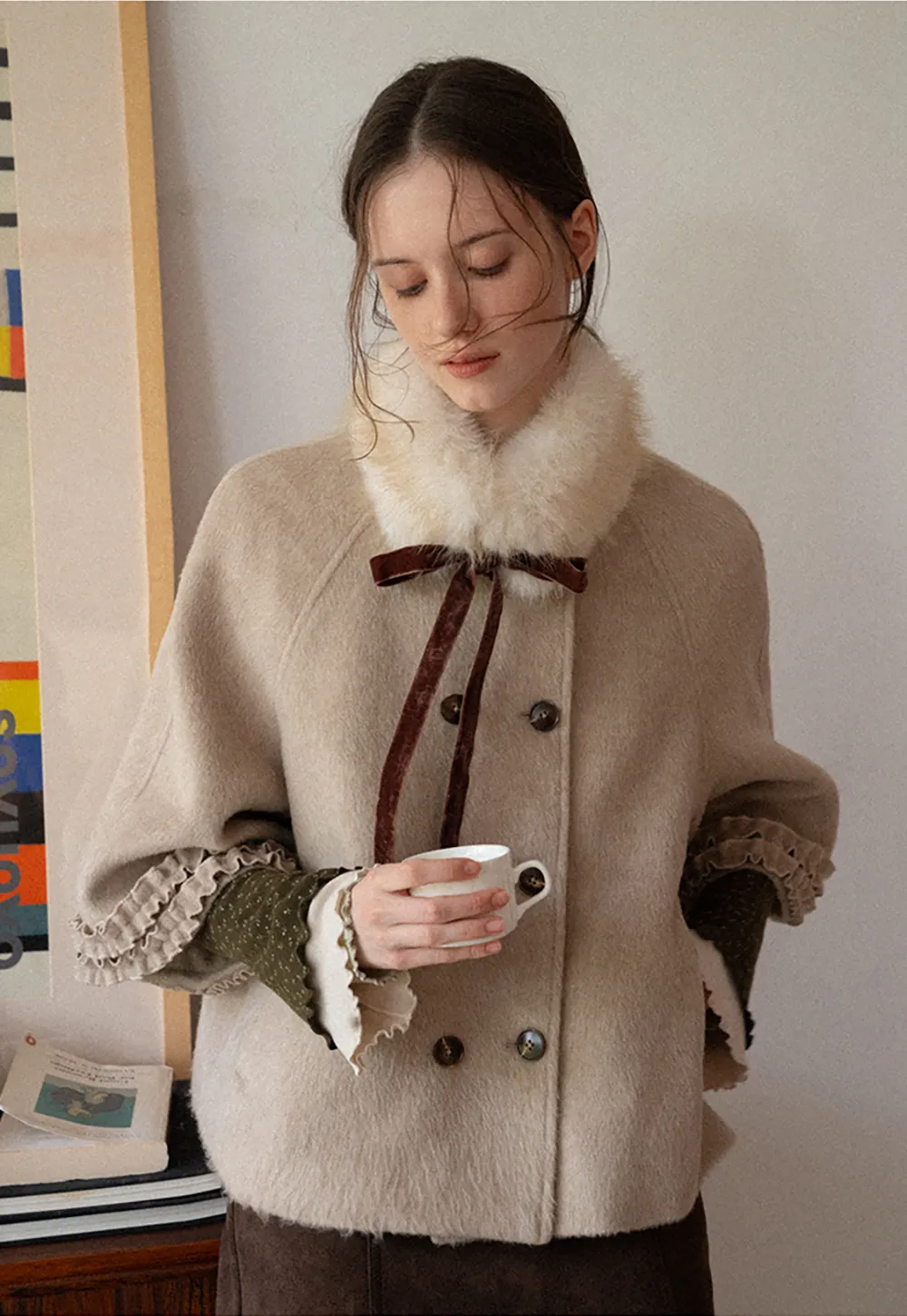 Faux Fur Collar Bow Tie Button Front Wool Coat