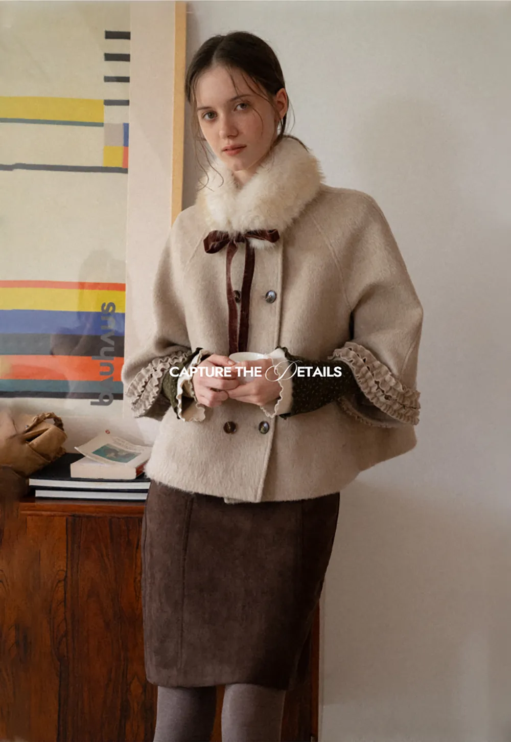 Faux Fur Collar Bow Tie Button Front Wool Coat