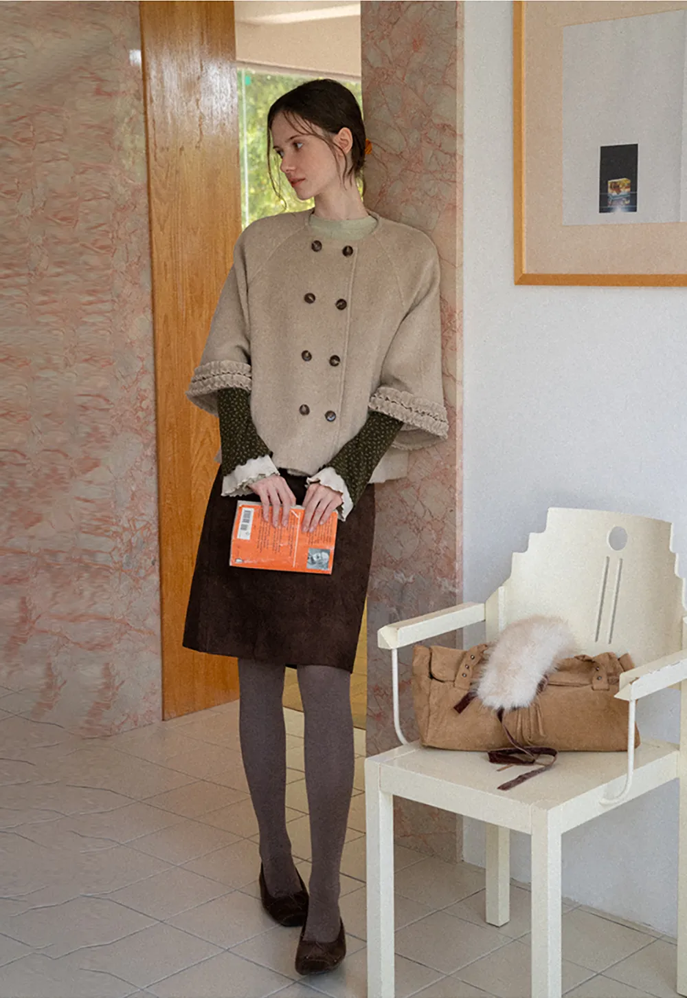 Faux Fur Collar Bow Tie Button Front Wool Coat