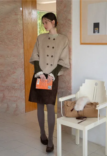 Faux Fur Collar Bow Tie Button Front Wool Coat