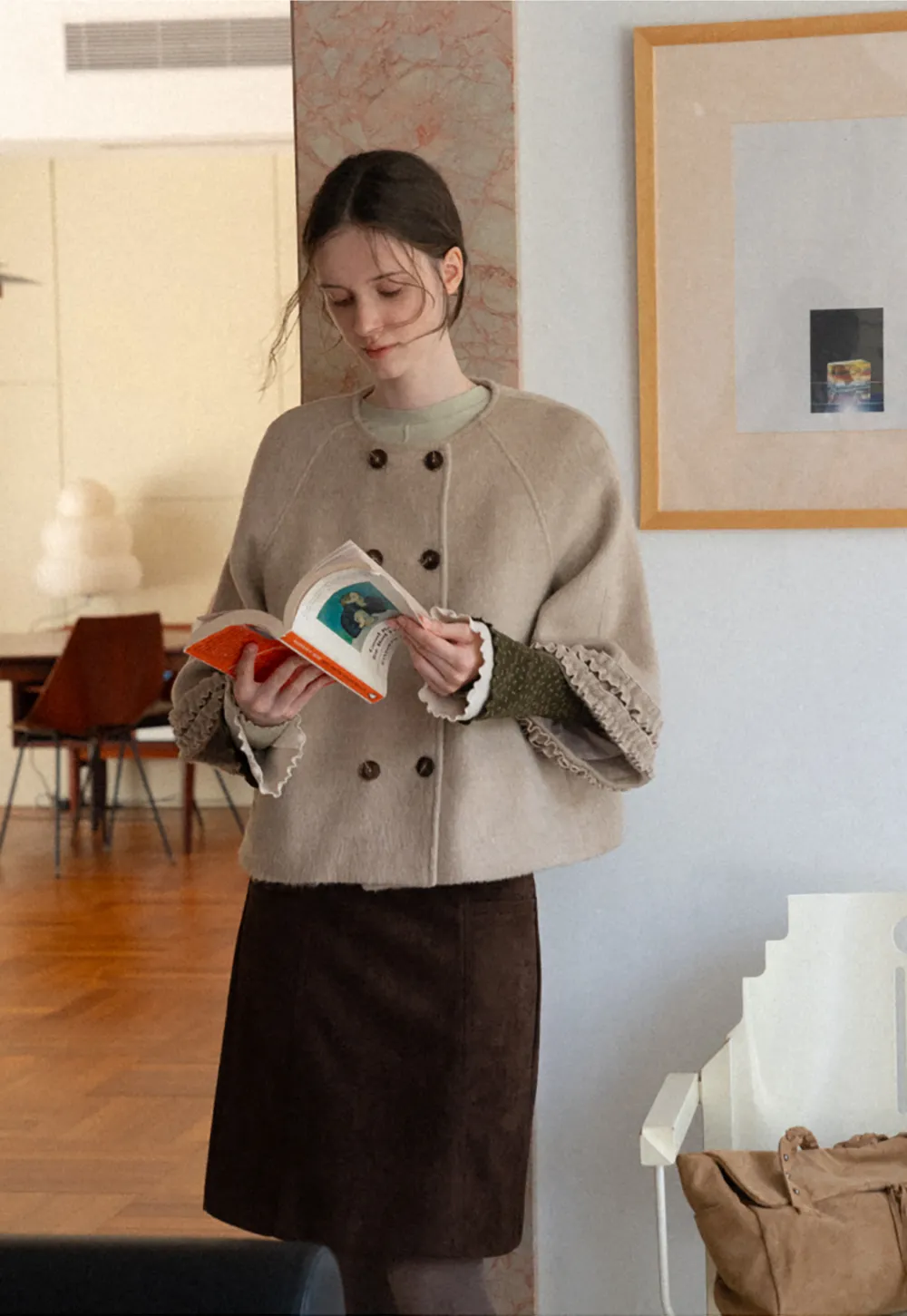 Faux Fur Collar Bow Tie Button Front Wool Coat