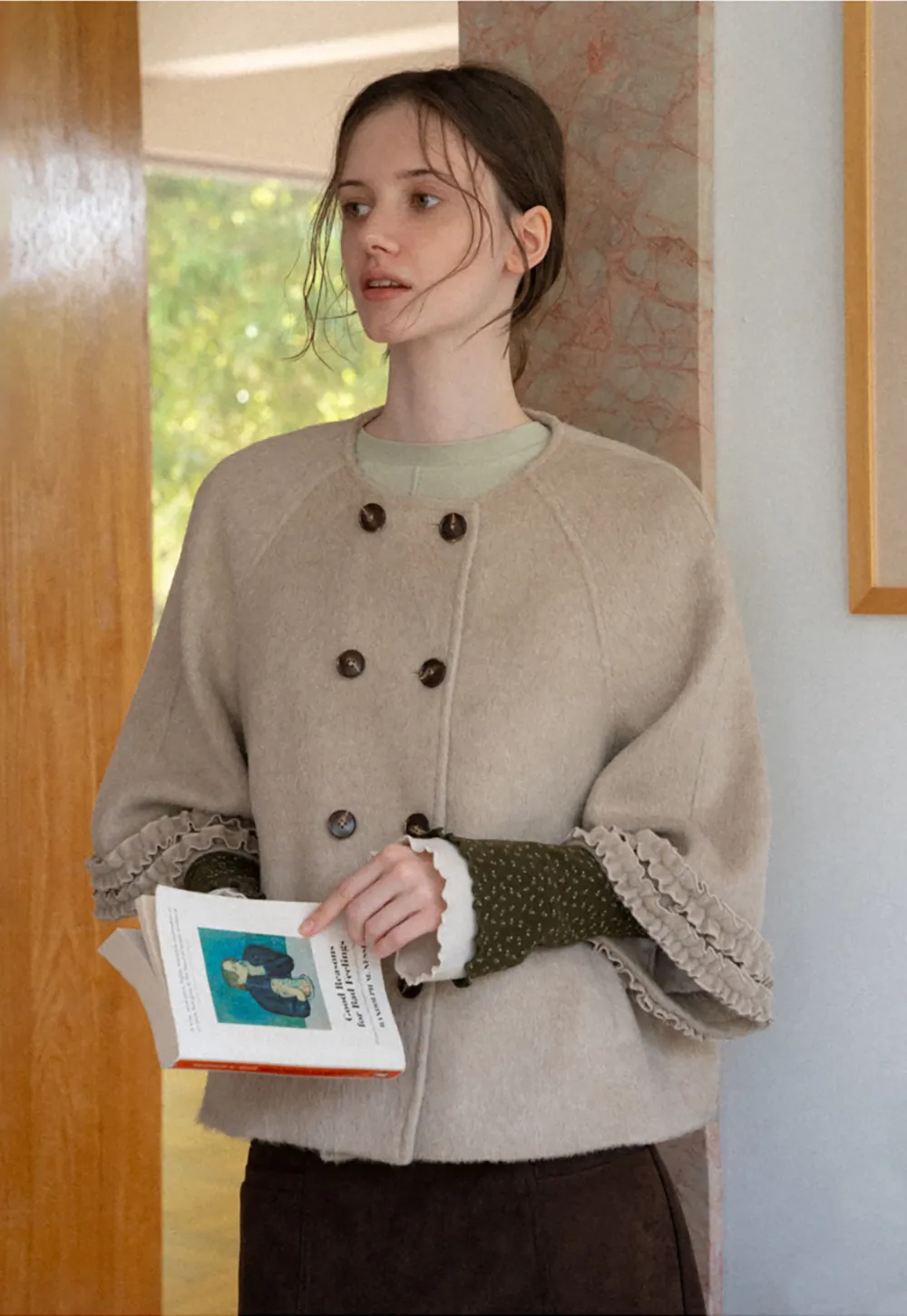 Faux Fur Collar Bow Tie Button Front Wool Coat