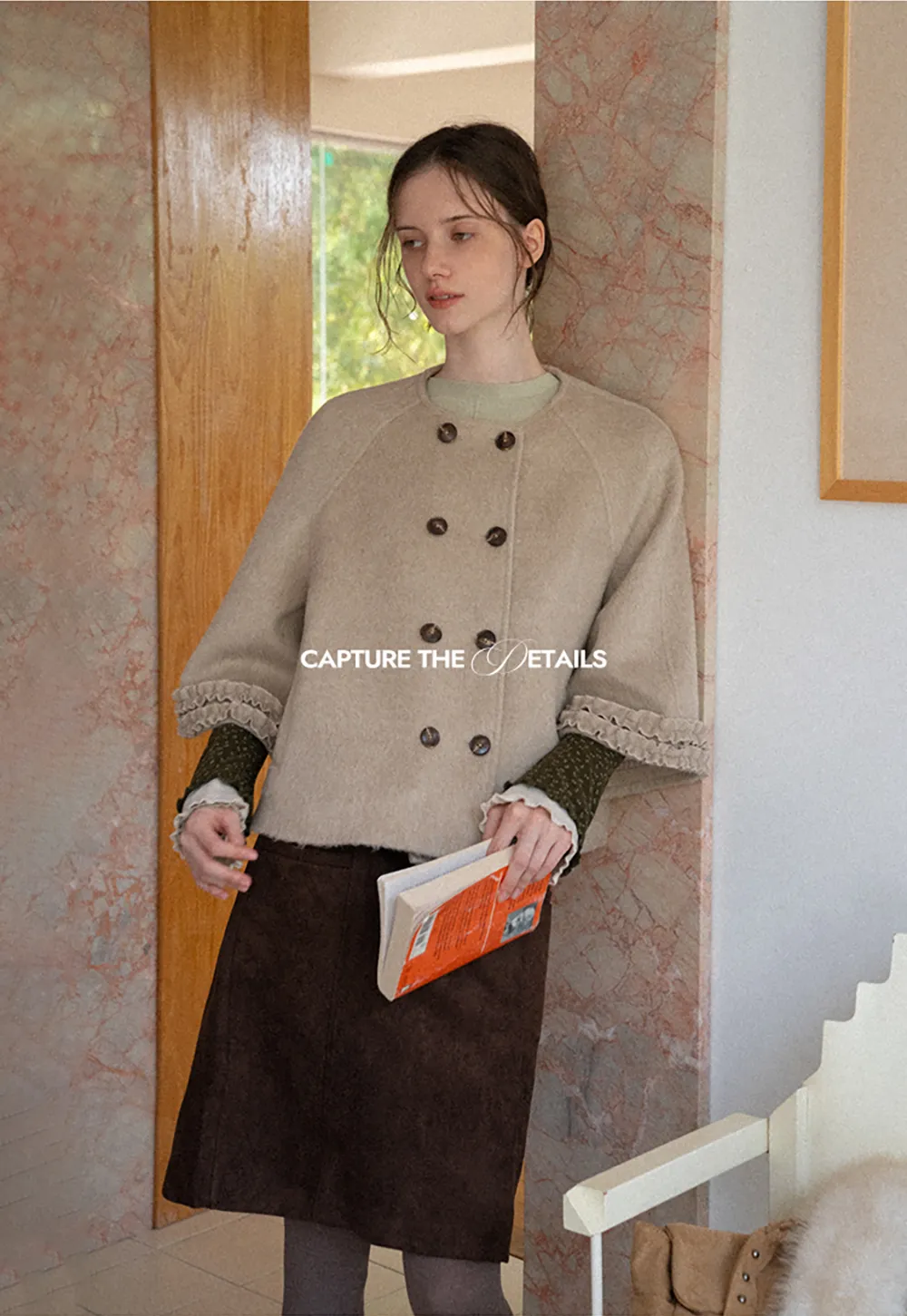 Faux Fur Collar Bow Tie Button Front Wool Coat
