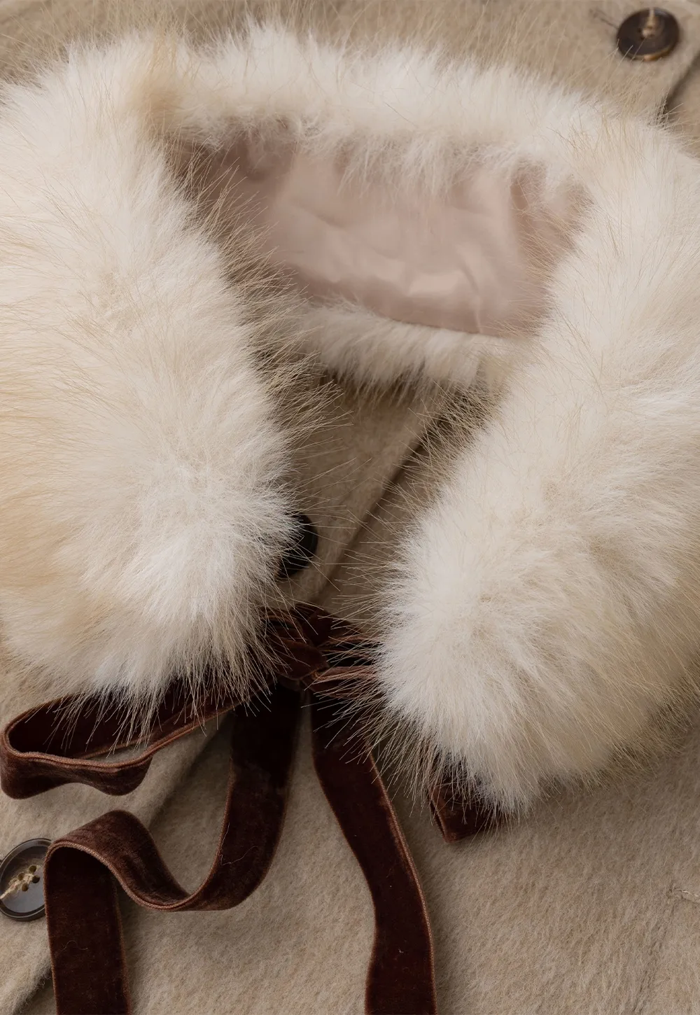 Faux Fur Collar Bow Tie Button Front Wool Coat