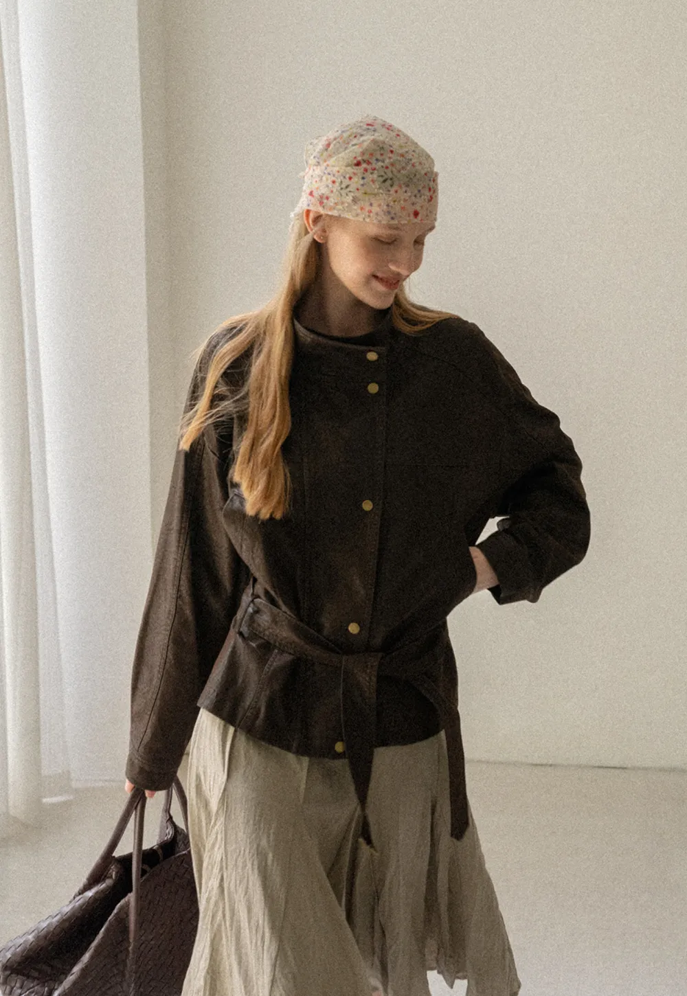 Oversized Leather Jacket with Belted Waist and Snap Buttons
