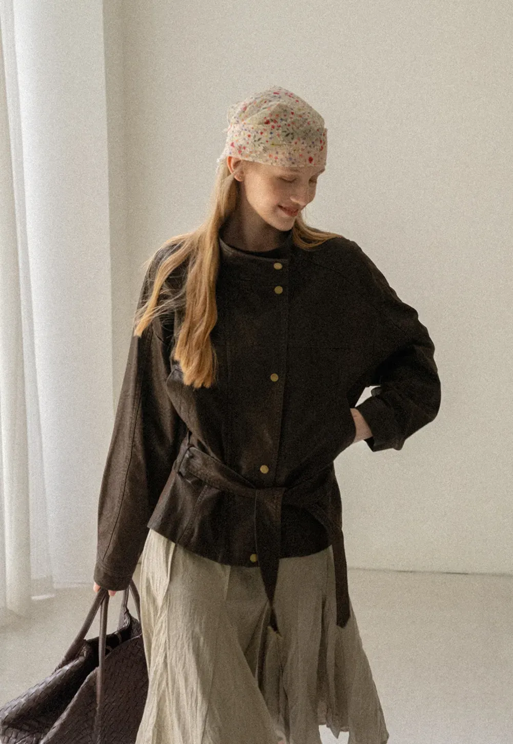 Oversized Leather Jacket with Belted Waist and Snap Buttons